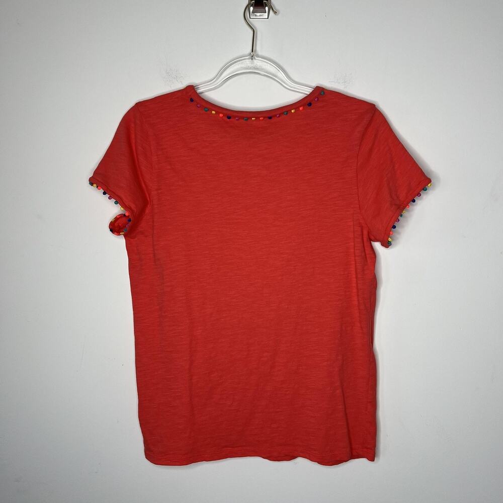 Boden Shirt Womens Medium Coral‎ Slub Cotton Pom Pom Trim Crewneck Short Sleeve - Picture 2 of 10